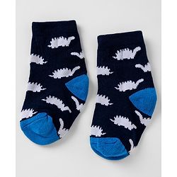 Cute walk by Babyhug Knit Anti-Bacterial Ankle Length Striped Socks with Dinosaur Design Pack of 3 - Blue & Black