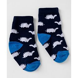 Cute walk by Babyhug Knit Anti-Bacterial Ankle Length Striped Socks with Dinosaur Design Pack of 3 - Blue & Black