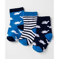 Cute walk by Babyhug Knit Anti-Bacterial Ankle Length Striped Socks with Dinosaur Design Pack of 3 - Blue & Black