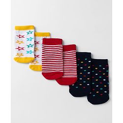 Cute Walk By Babyhug Non Terry Knit Anti Bacterial Ankle Length Striped Socks With Star & Polka Dot Design Pack of 3 - Red, Black & Yellow