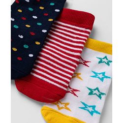 Cute Walk By Babyhug Non Terry Knit Anti Bacterial Ankle Length Striped Socks With Star & Polka Dot Design Pack of 3 - Red, Black & Yellow
