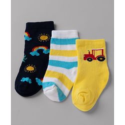 Cute Walk By Babyhug Non Terry Knit Anti Bacterial Ankle Length Striped Socks With Vehicle & Rainbow Design Pack of 3 - Yellow, White & Black