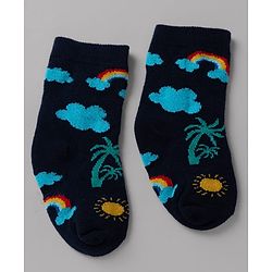 Cute Walk By Babyhug Non Terry Knit Anti Bacterial Ankle Length Striped Socks With Vehicle & Rainbow Design Pack of 3 - Yellow, White & Black