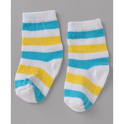 Cute Walk By Babyhug Non Terry Knit Anti Bacterial Ankle Length Striped Socks With Vehicle & Rainbow Design Pack of 3 - Yellow, White & Black