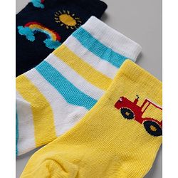 Cute Walk By Babyhug Non Terry Knit Anti Bacterial Ankle Length Striped Socks With Vehicle & Rainbow Design Pack of 3 - Yellow, White & Black