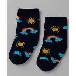 Cute Walk By Babyhug Non Terry Knit Anti Bacterial Ankle Length Striped Socks With Vehicle & Rainbow Design Pack of 3 - Yellow, White & Black