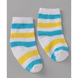 Cute Walk By Babyhug Non Terry Knit Anti Bacterial Ankle Length Striped Socks With Vehicle & Rainbow Design Pack of 3 - Yellow, White & Black