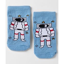 Cute Walk By Babyhug Non Terry Knit Anti Bacterial Ankle Length Striped Socks With Star & Astronaut Design Pack of 3 - Black, Sky Blue & Red