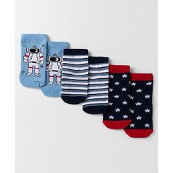 Cute Walk By Babyhug Non Terry Knit Anti Bacterial Ankle Length Striped Socks With Star & Astronaut Design Pack of 3 - Black, Sky Blue & Red