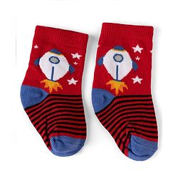 Cute Walk by Babyhug Non Terry Knit Anti-bacterial Ankle Length Striped Socks With Space Design Pack of 3 - Grey, Blue & Red