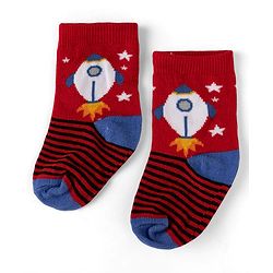 Cute Walk by Babyhug Non Terry Knit Anti-bacterial Ankle Length Striped Socks With Space Design Pack of 3 - Grey, Blue & Red