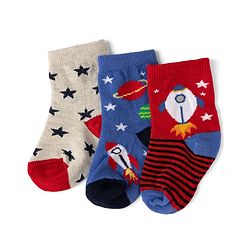 Cute Walk by Babyhug Non Terry Knit Anti-bacterial Ankle Length Striped Socks With Space Design Pack of 3 - Grey, Blue & Red