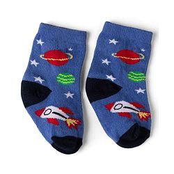 Cute Walk by Babyhug Non Terry Knit Anti-bacterial Ankle Length Striped Socks With Space Design Pack of 3 - Grey, Blue & Red