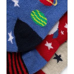 Cute Walk by Babyhug Non Terry Knit Anti-bacterial Ankle Length Striped Socks With Space Design Pack of 3 - Grey, Blue & Red