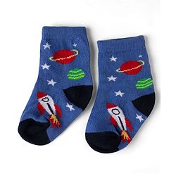 Cute Walk by Babyhug Non Terry Knit Anti-bacterial Ankle Length Striped Socks With Space Design Pack of 3 - Grey, Blue & Red