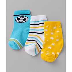 Cute Walk By Babyhug Non Terry Knit Anti Bacterial Ankle Length Striped Socks With Football & Star Design Pack of 3 - Yellow, White & Sky Blue