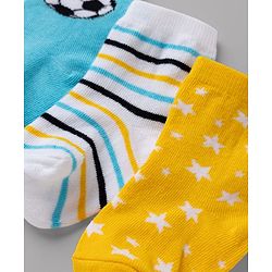 Cute Walk By Babyhug Non Terry Knit Anti Bacterial Ankle Length Striped Socks With Football & Star Design Pack of 3 - Yellow, White & Sky Blue