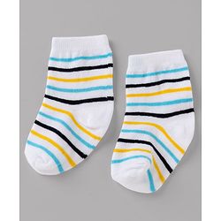 Cute Walk By Babyhug Non Terry Knit Anti Bacterial Ankle Length Striped Socks With Football & Star Design Pack of 3 - Yellow, White & Sky Blue