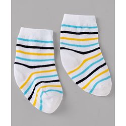 Cute Walk By Babyhug Non Terry Knit Anti Bacterial Ankle Length Striped Socks With Football & Star Design Pack of 3 - Yellow, White & Sky Blue