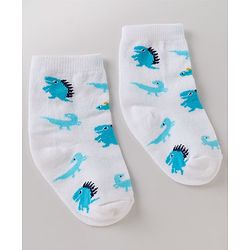 Cute Walk By Babyhug Non Terry Knit Anti Bacterial Ankle Length Striped Socks With Dinosaur Design Pack of 3 -  White, Blue & Yellow