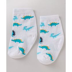 Cute Walk By Babyhug Non Terry Knit Anti Bacterial Ankle Length Striped Socks With Dinosaur Design Pack of 3 -  White, Blue & Yellow