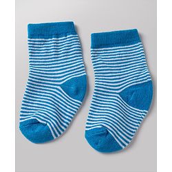 Cute Walk By Babyhug Non Terry Knit Anti Bacterial Ankle Length Striped Socks With Dinosaur Design Pack of 3 -  White, Blue & Yellow