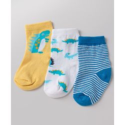 Cute Walk By Babyhug Non Terry Knit Anti Bacterial Ankle Length Striped Socks With Dinosaur Design Pack of 3 -  White, Blue & Yellow