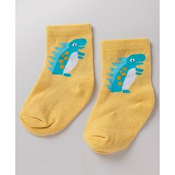 Cute Walk By Babyhug Non Terry Knit Anti Bacterial Ankle Length Striped Socks With Dinosaur Design Pack of 3 -  White, Blue & Yellow