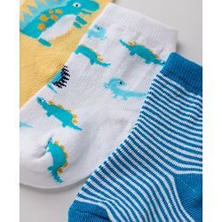 Cute Walk By Babyhug Non Terry Knit Anti Bacterial Ankle Length Striped Socks With Dinosaur Design Pack of 3 -  White, Blue & Yellow
