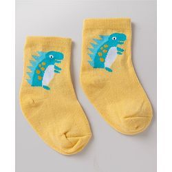 Cute Walk By Babyhug Non Terry Knit Anti Bacterial Ankle Length Striped Socks With Dinosaur Design Pack of 3 -  White, Blue & Yellow