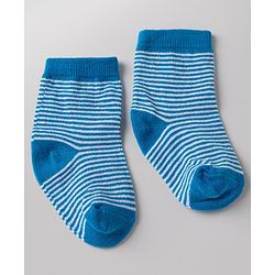 Cute Walk By Babyhug Non Terry Knit Anti Bacterial Ankle Length Striped Socks With Dinosaur Design Pack of 3 -  White, Blue & Yellow
