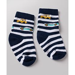 Cute Walk By Babyhug Non Terry Knit Anti Bacterial Ankle Length Striped  Socks With Vehicle & Star Desgin Pack of 3 -  Black, Light Blue & White