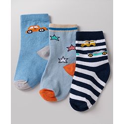 Cute Walk By Babyhug Non Terry Knit Anti Bacterial Ankle Length Striped  Socks With Vehicle & Star Desgin Pack of 3 -  Black, Light Blue & White