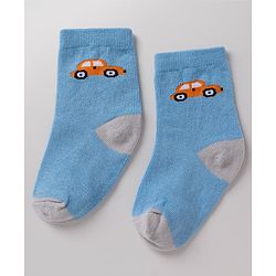 Cute Walk By Babyhug Non Terry Knit Anti Bacterial Ankle Length Striped  Socks With Vehicle & Star Desgin Pack of 3 -  Black, Light Blue & White