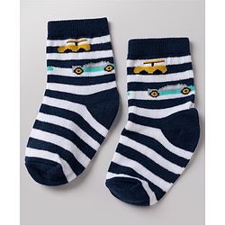 Cute Walk By Babyhug Non Terry Knit Anti Bacterial Ankle Length Striped  Socks With Vehicle & Star Desgin Pack of 3 -  Black, Light Blue & White