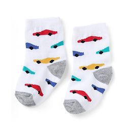 Cute Walk by Babyhug Non Terry Knit Anti-bacterial Ankle Length Striped Socks  With Vehicle Design Pack of 3 - White & Blue