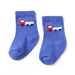 Cute Walk by Babyhug Non Terry Knit Anti-bacterial Ankle Length Striped Socks  With Vehicle Design Pack of 3 - White & Blue