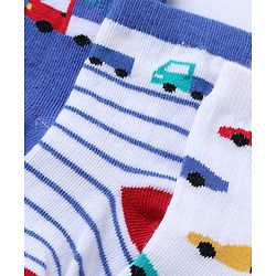 Cute Walk by Babyhug Non Terry Knit Anti-bacterial Ankle Length Striped Socks  With Vehicle Design Pack of 3 - White & Blue