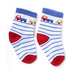 Cute Walk by Babyhug Non Terry Knit Anti-bacterial Ankle Length Striped Socks  With Vehicle Design Pack of 3 - White & Blue