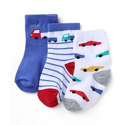 Cute Walk by Babyhug Non Terry Knit Anti-bacterial Ankle Length Striped Socks  With Vehicle Design Pack of 3 - White & Blue