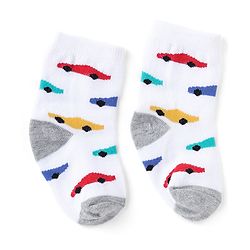 Cute Walk by Babyhug Non Terry Knit Anti-bacterial Ankle Length Striped Socks  With Vehicle Design Pack of 3 - White & Blue