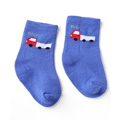 Cute Walk by Babyhug Non Terry Knit Anti-bacterial Ankle Length Striped Socks  With Vehicle Design Pack of 3 - White & Blue