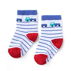 Cute Walk by Babyhug Non Terry Knit Anti-bacterial Ankle Length Striped Socks  With Vehicle Design Pack of 3 - White & Blue