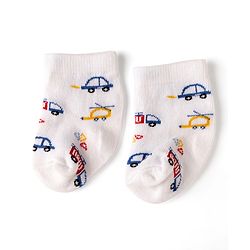 Cute Walk by Babyhug Non Terry Knit Anti-bacterial Ankle Length Striped Socks With Vehicle Design Pack of 3 - White & Black