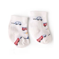 Cute Walk by Babyhug Non Terry Knit Anti-bacterial Ankle Length Striped Socks With Vehicle Design Pack of 3 - White & Black