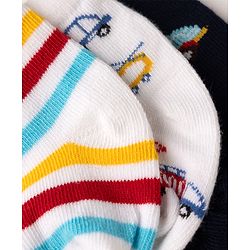 Cute Walk by Babyhug Non Terry Knit Anti-bacterial Ankle Length Striped Socks With Vehicle Design Pack of 3 - White & Black