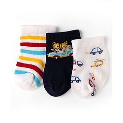 Cute Walk by Babyhug Non Terry Knit Anti-bacterial Ankle Length Striped Socks With Vehicle Design Pack of 3 - White & Black