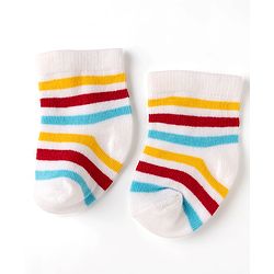 Cute Walk by Babyhug Non Terry Knit Anti-bacterial Ankle Length Striped Socks With Vehicle Design Pack of 3 - White & Black