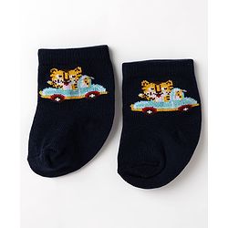 Cute Walk by Babyhug Non Terry Knit Anti-bacterial Ankle Length Striped Socks With Vehicle Design Pack of 3 - White & Black