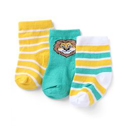 Cutewalk By Babyhug Knit Ankle Length Striped Antibacterial Socks With Animal Design Pack of 3 - Yellow Green White